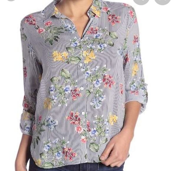Como Vintage Blue Stripe Floral Button‎ Down Blouse Size Small NWT - Picture 1 of 6
